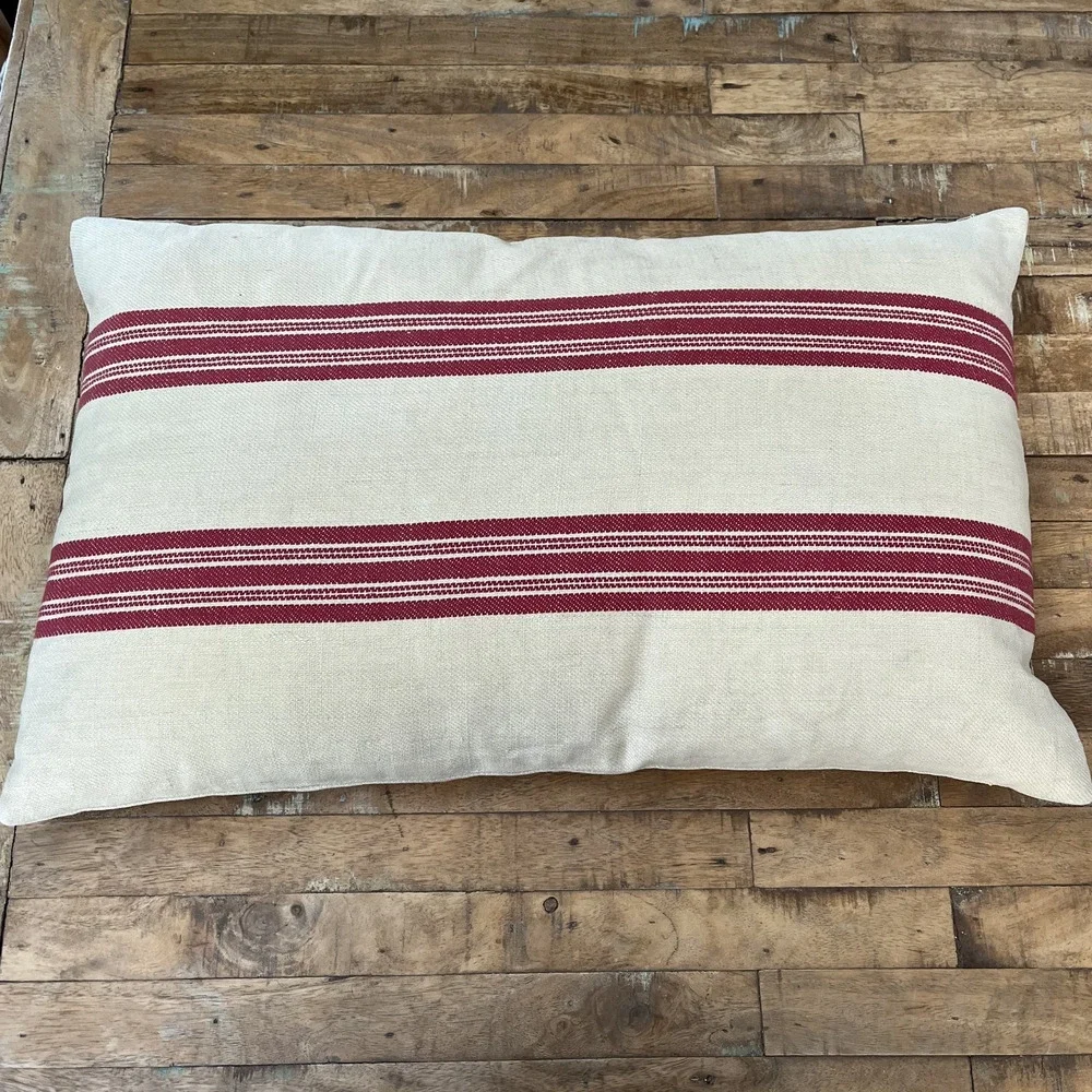 Pottery Barn Linen Blend Throw Pillow 16 x 26 in 100% Cotton Filled Red Striped